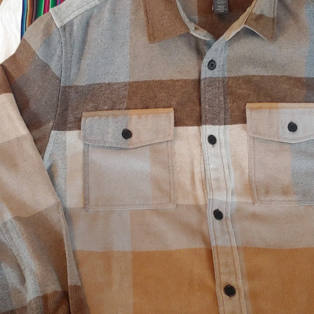 Men's Plaid Polyester Blend Button Shirt Brown, Tan, XL - Picture 14 of 15